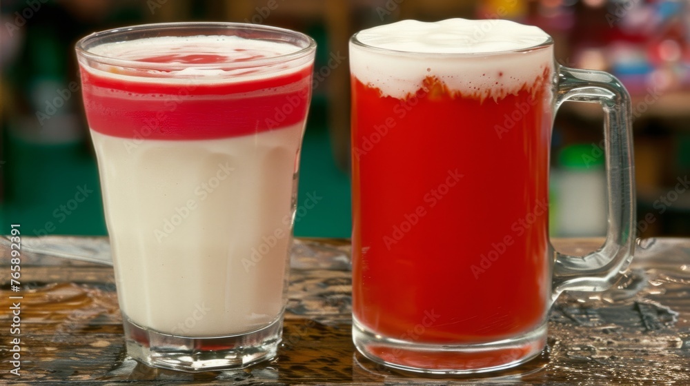 a couple of glasses filled with liquid sitting on top of a table next to each other on a wooden table. a couple of glasses filled with liquid sitting on top of a table next to each other on a wooden table.