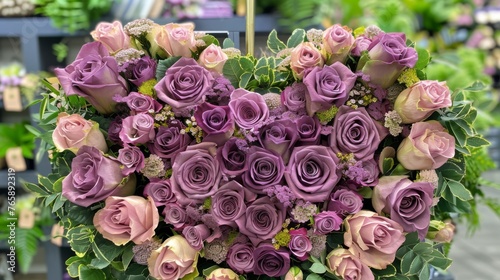  a heart - shaped arrangement of purple and pink roses in a flower shop  with greenery in the background.