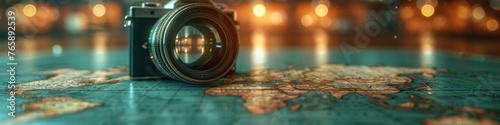 There's a glass lens on the map, the map is out of focus, camera focus on the lens, generated with AI photo