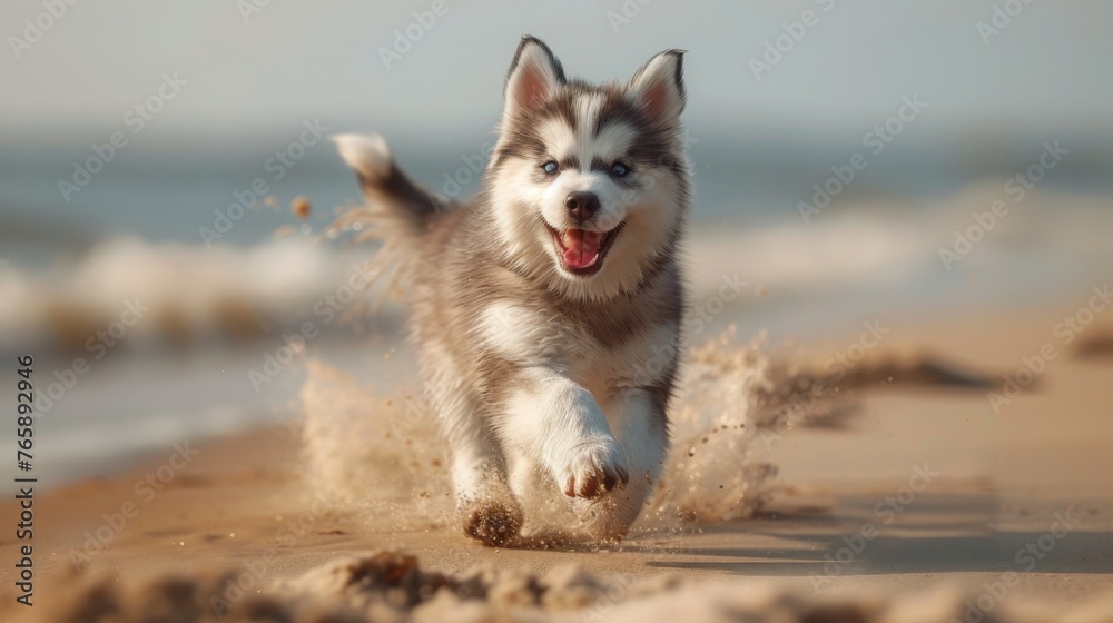 Photo of smiling husky running on the beach during the summer season, generated with AI Photo of smiling husky running on the beach during the summer season, generated with AI