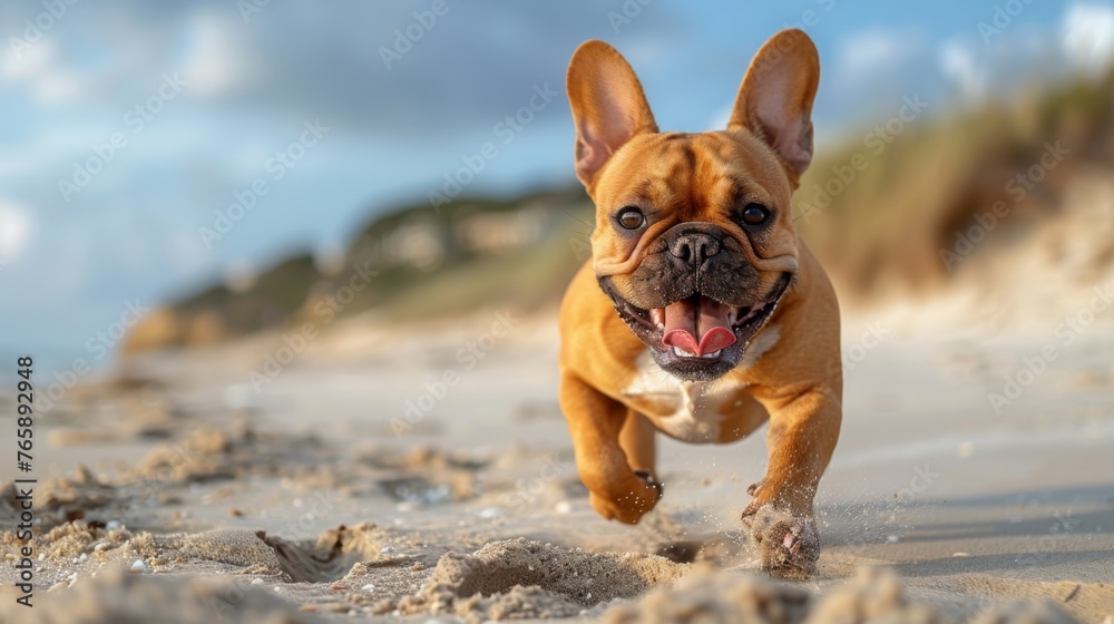 Photo of smiling french bulldog running on the beach during the summer season, active, realistic,generated with AI