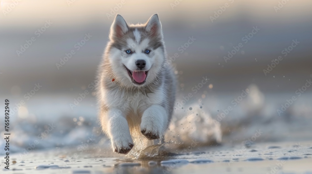 Photo of smiling husky running on the beach during the summer season, active, realistic,generated with AI