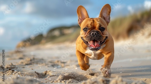 Photo of smiling french bulldog running on the beach during the summer season, active, realistic,generated with AI