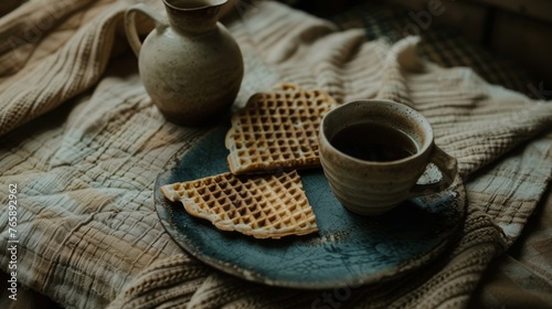  a blue plate topped with waffles next to a cup of coffee on top of a cloth covered table.