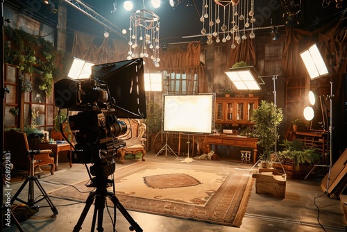 Photo of a movie set, set photographer, unit photographer, movie studio, backstage, behind the scene, generated with AI