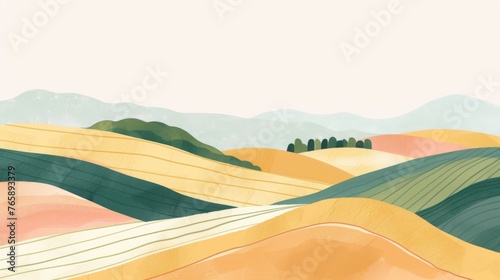 Pastel hand-drawn image of a farmland, simple lines and colors, minimalist design on a uniform background, generated with AI