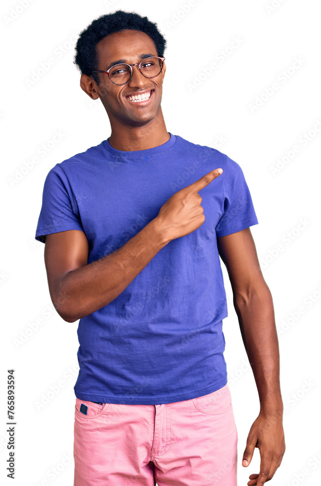 African handsome man wearing casual clothes and glasses cheerful with a smile of face pointing with hand and finger up to the side with happy and natural expression on face African handsome man wearing casual clothes and glasses cheerful with a smile of face pointing with hand and finger up to the side with happy and natural expression on face