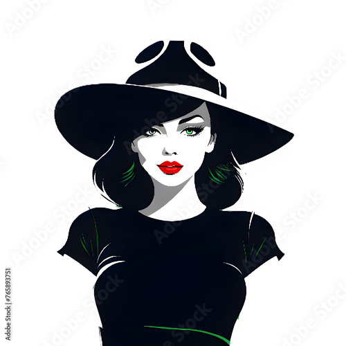 elegant woman wearing hat vector illustration - black and white stylized portrait of a beautiful girl with long hair.