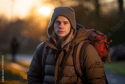  A portrait of a young man wearing a weighted rucksack, ready for a rucking session in the early morning light