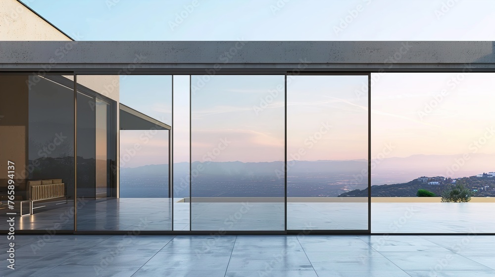 Fototapeta premium A UHD capture of a modern sliding glass door with sleek aluminum frame, its seamless operation and expansive glass panels offering unobstructed views against the solid background.