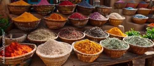 A lively marketplace scene, baskets of spices and goods creating a tapestry of color and tradition. 