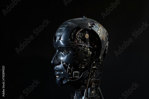 ai robot head, black background only, generated with AI
