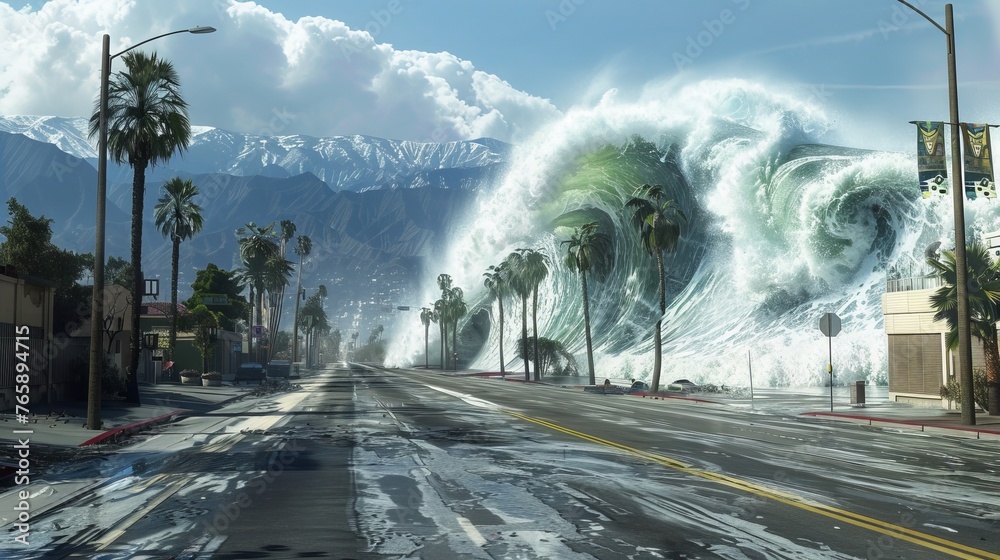 Ocean tsunami tidal wave destroying city, camera point of view ...