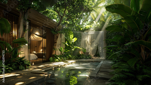 Tranquil Wellness Retreat Surrounded by Verdant Foliage and Sunlit Ambiance