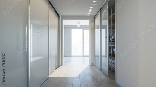 A UHD capture of a row of minimalist sliding closet doors with frosted glass panels, their clean lines and subtle texture adding a touch of contemporary elegance to the interior.