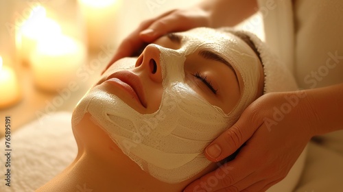 Woman receiving facial mask treatment