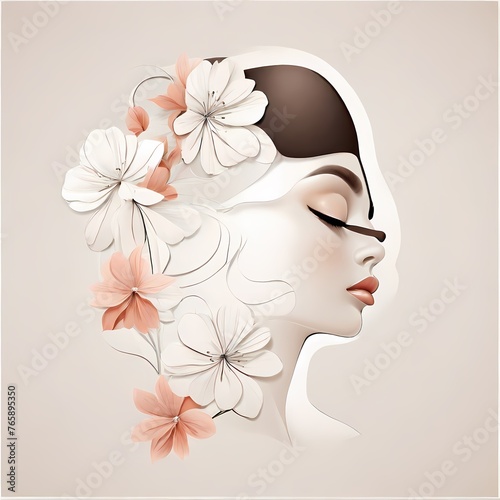 Abstract female face in one line. Woman face with flowers Surreal Line art female floral girl. Minimalism Abstract modern Continuous single line woman face portrait  © MuneerGand