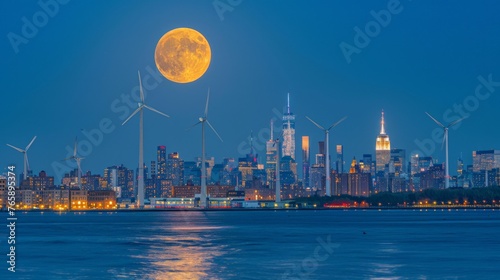 new york skyline with turbine windmills between buildings, full moon at night 