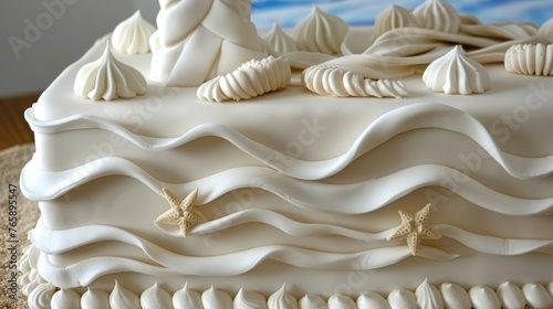  a close up of a white frosted cake with seashells and starfishs on top of it.