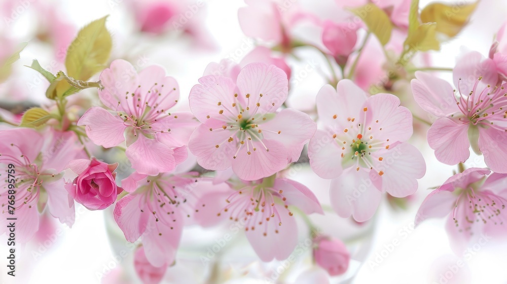  a glass vase filled with pink flowers on top of a white table next to a vase filled with pink flowers.