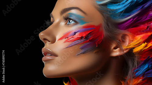 Woman with vibrant feathers painted on her face exudes artistic beauty and self-expression. © Greg Kelton