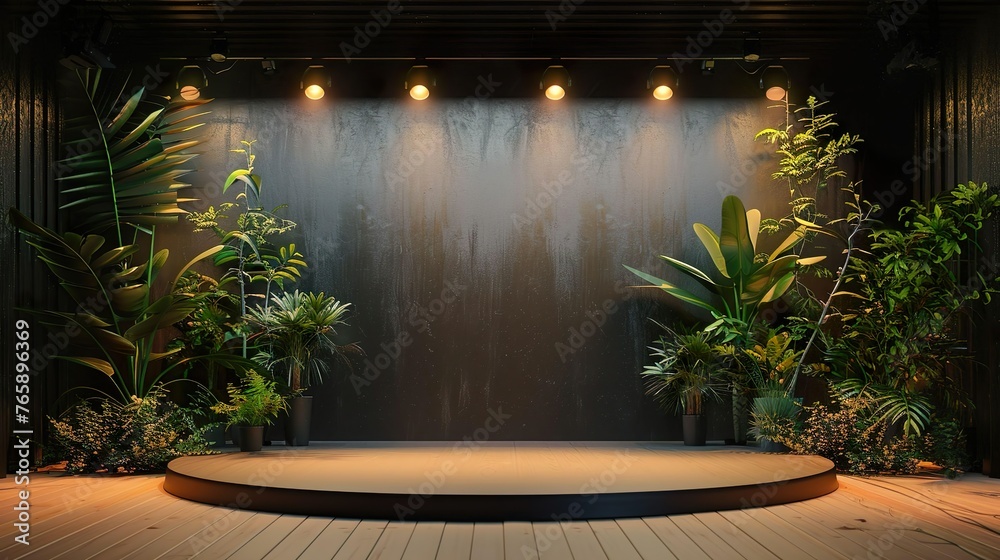 Simple blank stage with backdrop and plants