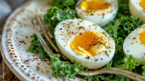  a close up of a plate of eggs on a bed of lettuce with a fork and a knife.