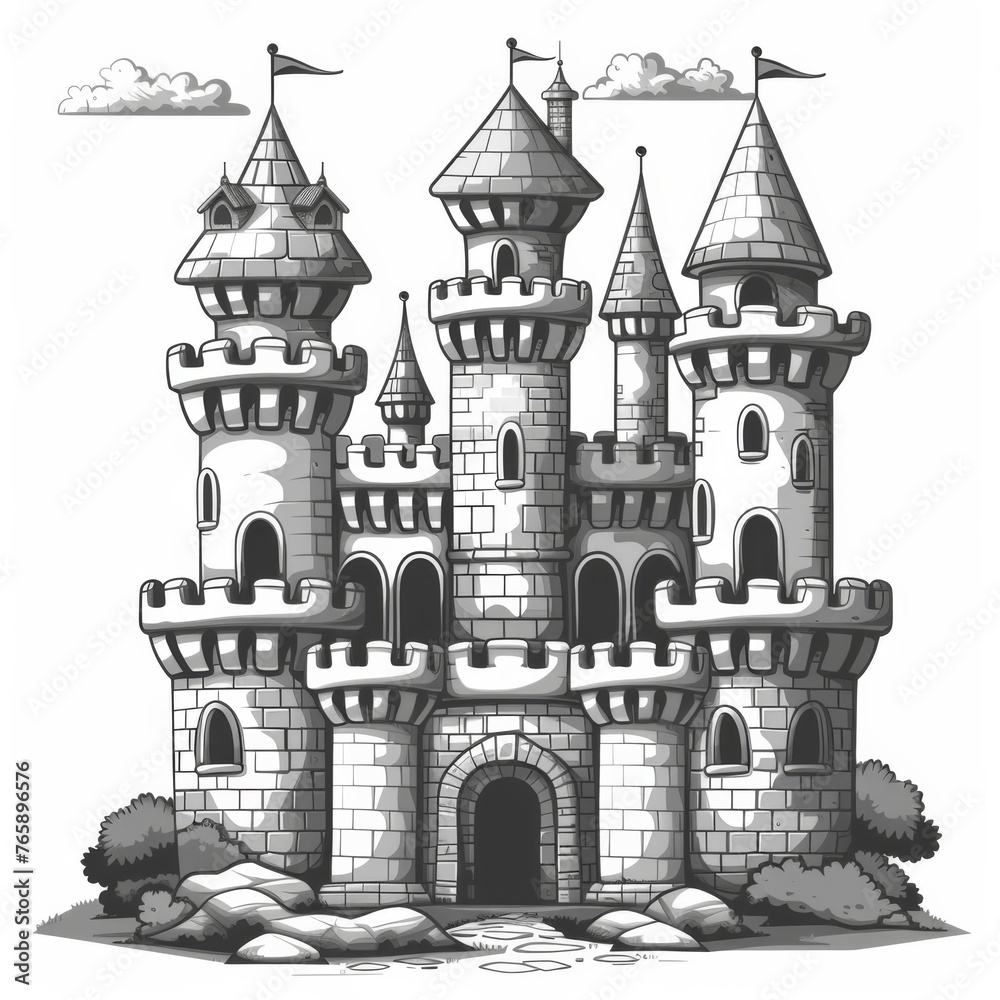 A vintage castle with white background, dots shadow, generated with AI