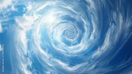 Vortex formed by wispy white clouds against a backdrop of blue sky, generated with AI