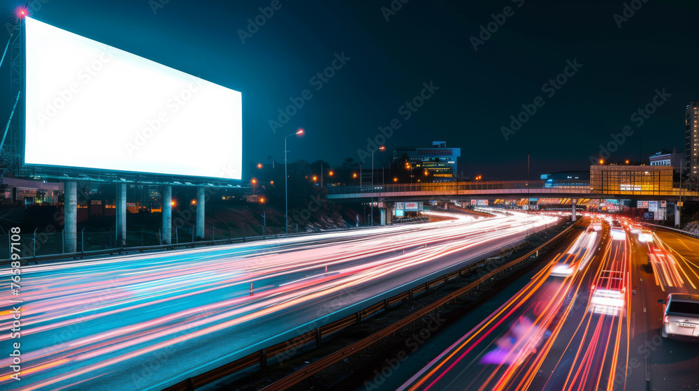 White Blank Illuminated Billboard on Busy Road at Night, Generative AI