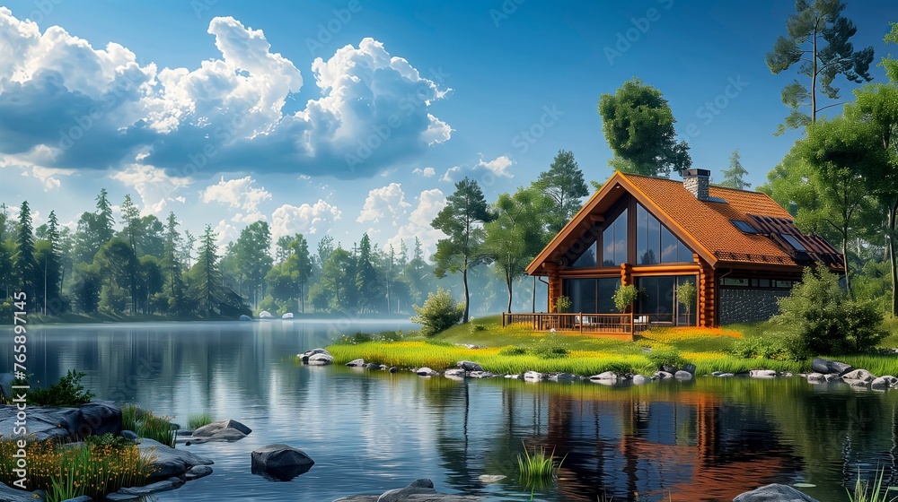 Environmentally Friendly, Serene Lakefront Retreat Under Fluffy Clouds