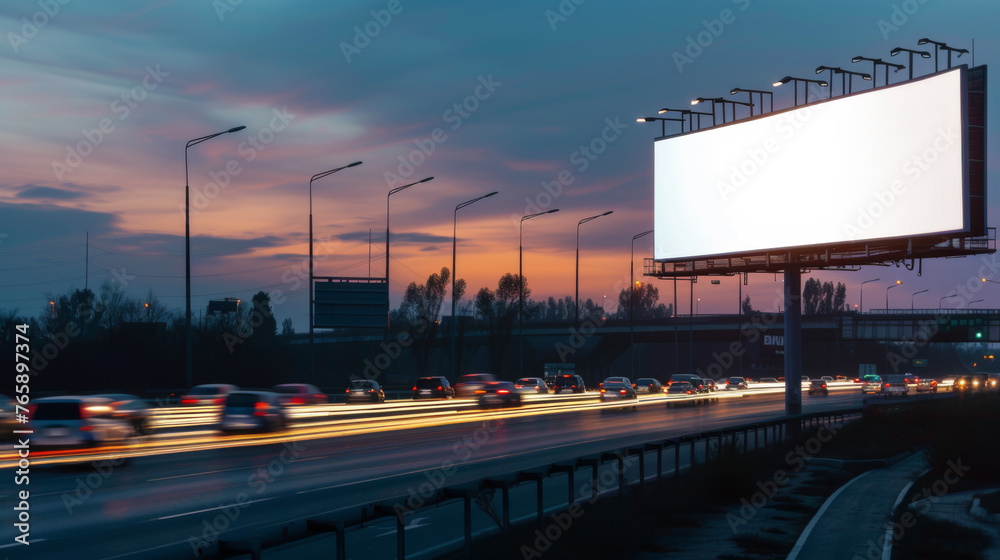 White Blank Illuminated Billboard on Busy Road at Night, Generative AI