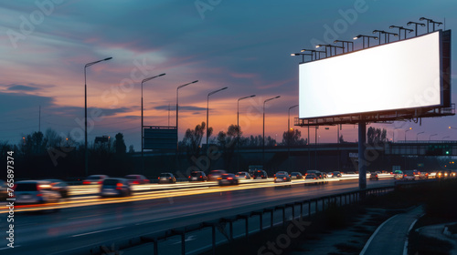 Obraz na płótnie White Blank Illuminated Billboard on Busy Road at Night, Generative AI w salonie