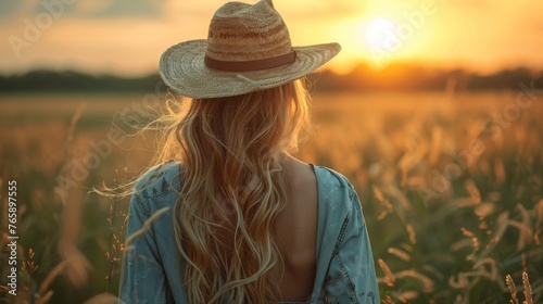 Country girl looking at sunset, generated with AI