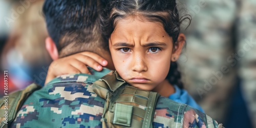 In this poignant scene, a soldier, dressed in his uniform, holds his daughter in his arms as she embraces him tightly, clutching onto him with knees bent. The soldier, with a calm yet concerned expres photo