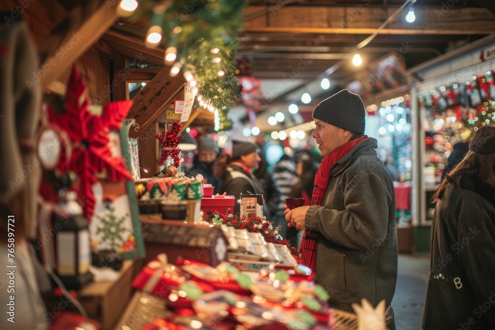 A man standing in front of a festive Christmas display at a winter holiday market, surrounded by handmade crafts, seasonal treats, and decorations