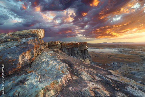 A rocky outcropping stands against a colorful sunset in the background