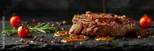 Grilled beef steak in Teriyaki sauce, delicious juicy beef steak with spices and sauce close-up on a board on a dark background, banner