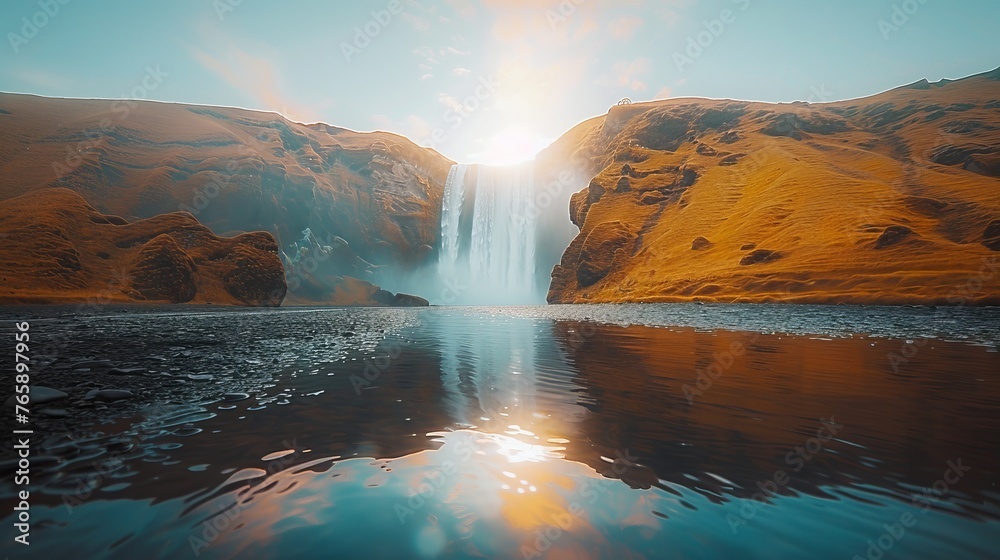 Cinematic in a nature landscape, a majestic waterfall cascades powerfully down the rocks. on a clear day, the sun shines above the waterfall, creating a rainbow amidst the spray, generated with AI