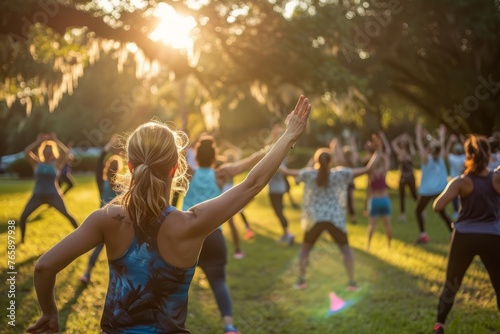 A diverse group of people engaging in a yoga session in a sunny park filled with greenery photo