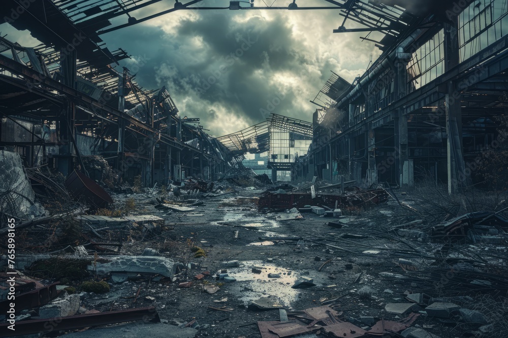 A decaying building with scattered debris on the ground, portraying a bleak and desolate scene of neglect and decay