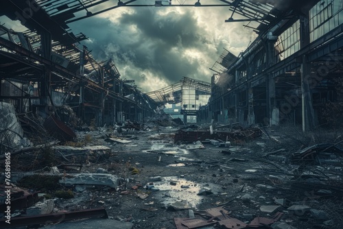 A decaying building with scattered debris on the ground  portraying a bleak and desolate scene of neglect and decay