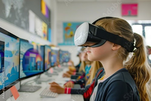 A girl is immersed in virtual reality while wearing a headset in front of a computer screen