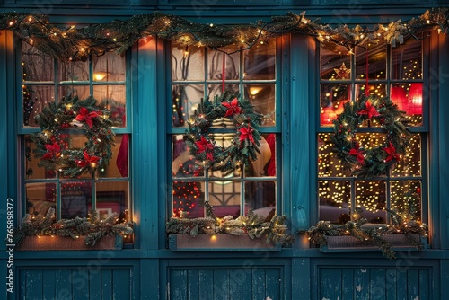 Window adorned with Christmas wreaths and sparkling lights, creating a festive and cozy atmosphere