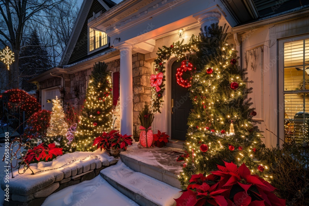 A house illuminated with twinkling Christmas lights and decorations at dusk