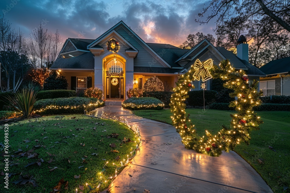 A house adorned with twinkling Christmas lights and festive wreaths during dusk