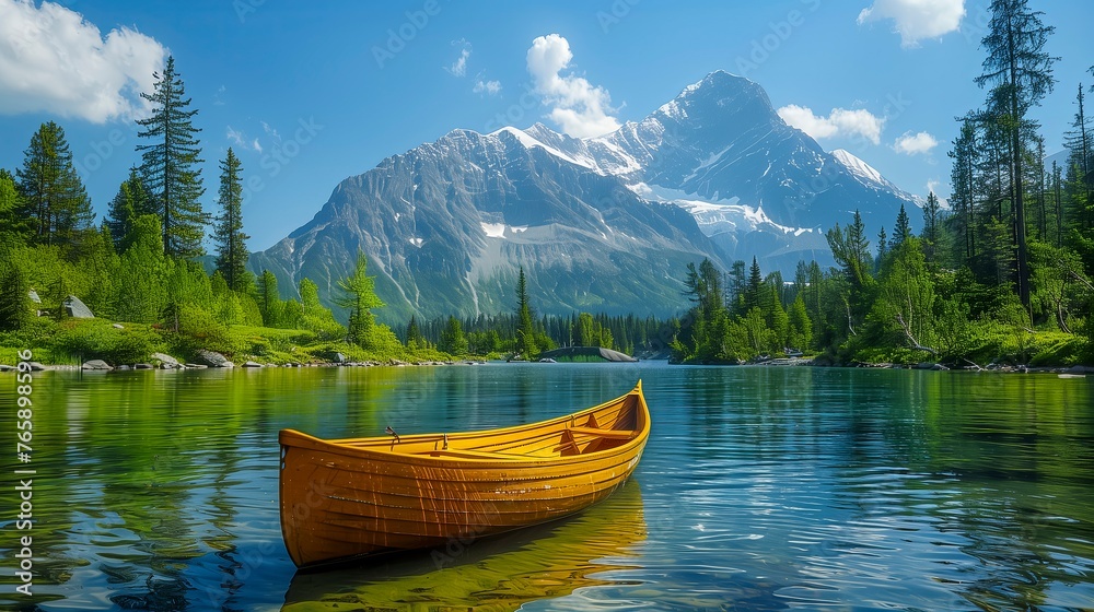 Yellow canoe sits in a lake surrounded by trees. The scene is peaceful and serene, with the mountains in the background adding to the sense of tranquility