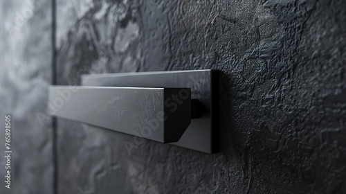 A UHD close-up of a set of designer door handles in unique geometric shapes, their bold design and matte black finish making a statement against the neutral backdrop.