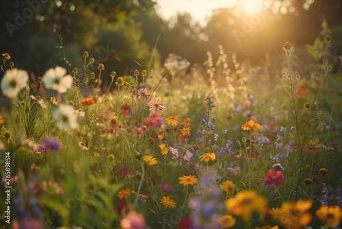 Field filled with wildflowers under the shining sun in a lush garden scene