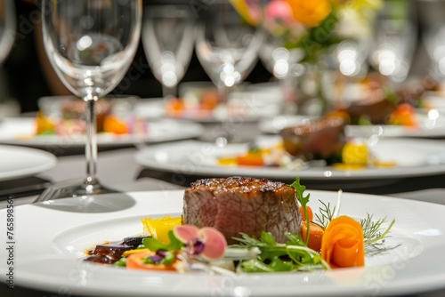 A detailed view of a beautifully arranged plate of food on a table, showcasing the artistry of plating and presentation